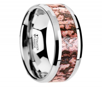 ARCHEAN Pink Dinosaur Bone Inlaid Tungsten Carbide Beveled Edged Ring - 4mm & 8mm