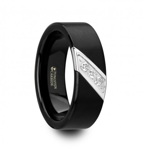 LIAM Flat Black Satin Finished Tungsten Carbide Wedding Band with Diagonal Diamonds Set in Stainless Steel - 8 mm