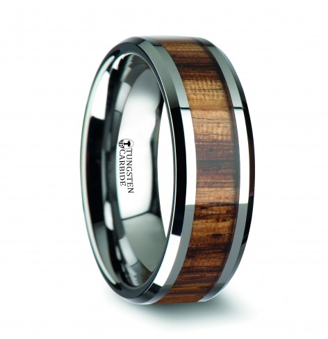 PALMALETTO Tungsten Carbide Ring with Beveled Edges and Real Zebra Wood Inlay - 4mm - 10mm